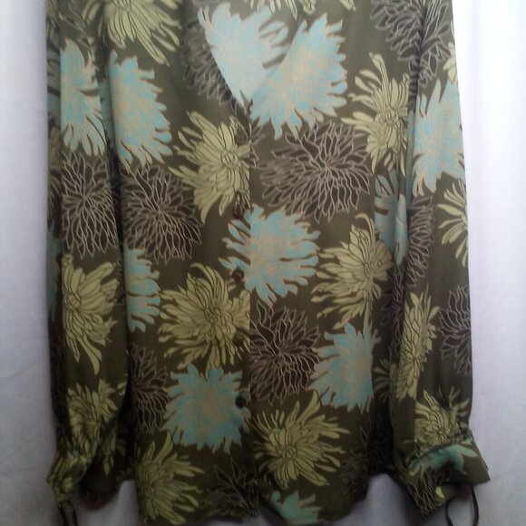 Giorgio Fiorlini Blouse Plus Collection 22 24 Button Up Long Sleeve Floral Green - Picture 5 of 16